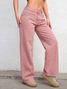 SHEIN ICON Casual Washed Straight Leg Denim Jeans - Pink - View 3
