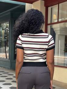 Alexandranx Contrast Striped Polo Collar Short Sleeve Fitted Casual Formal Spring/Autumn Knit Top For Women Summer White - White - View 2