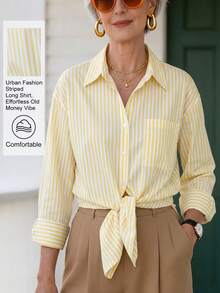 SHEIN Franclia Fashionable Loose Long Sleeve Shirt Front Tie Design Classic Striped Shirt Style Suitable For Daily Outings Vacation Dating White Autumn Casual - Multicolor - View 6