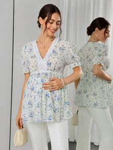 SHEIN قميص مريح بطبعة زهور صغيرة للحوامل - الأزرق - مشاهدة 1