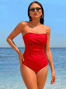 Swim Lushoire Traje de baño de una pieza con bandeau de unicolor para vacaciones en la playa - Rojo - Ver 3