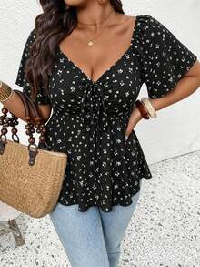 SHEIN Frenchy Plus Size Women's Ditsy Floral Front Tie Ruffle Short Sleeve T-Shirt For Vacation Brunch Birthday Black Summer Boho Gothic - Multicolor - View 3