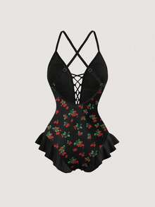 SHEIN MOD Ruffle Trim Patchwork Front Tie Strawberry Print Contrast Color One-Piece Swimsuit - Black - View 2