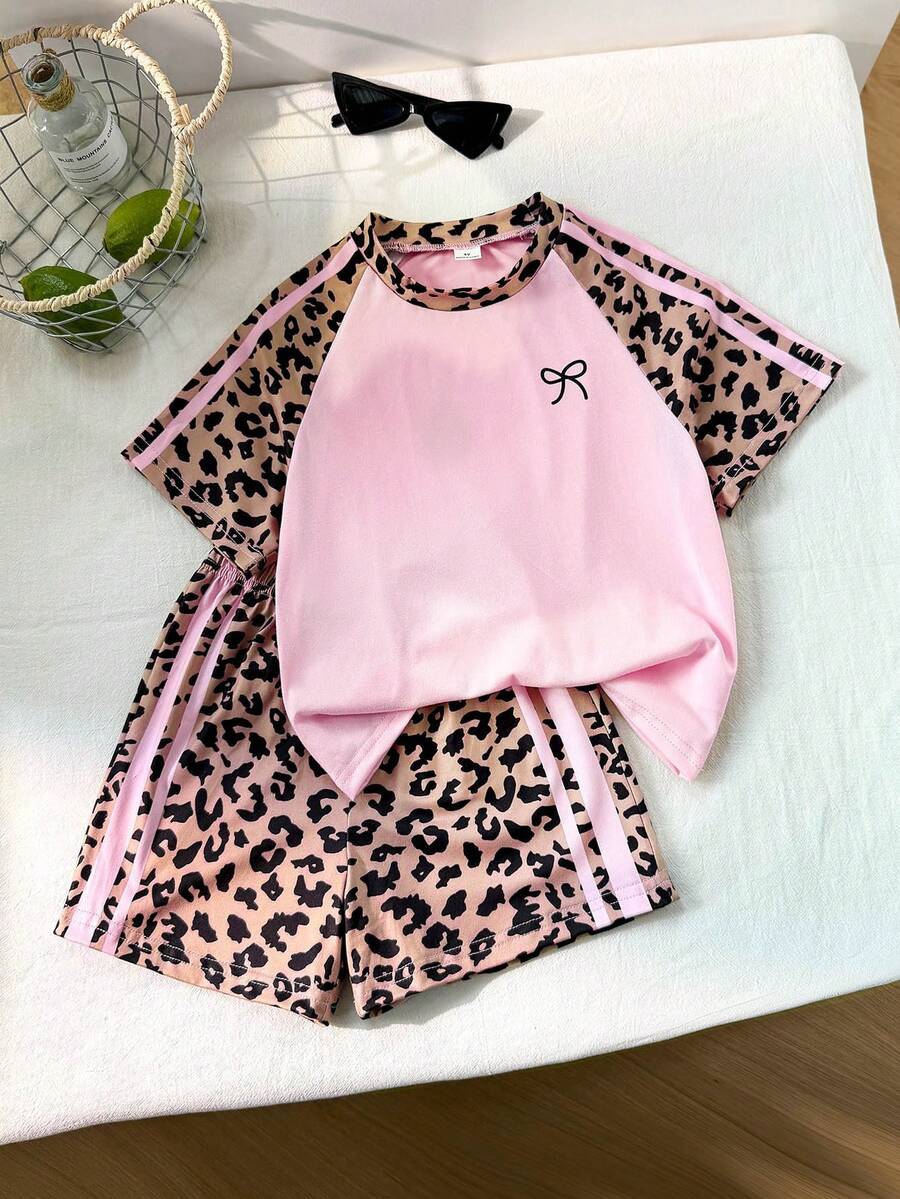 Genkimix Kids 女童休閒輕運動豹紋印花插肩袖T恤，前胸可愛蝴蝶結設計，對比粉色針織針織面料，Y2K復古雙條紋豹紋短褲套裝，適合休閒活動、街頭風、運動 - 彩色 - 查看 1