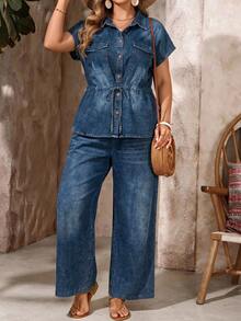 EMERY ROSE EMERY ROSE Set casual in denim da donna taglie forti, due pezzi con camicia monospalla con laccio in vita e pantaloni - Blu - Visualizzare 4