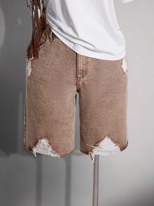SHEIN EZwear 大尺碼女款休閒破洞牛仔短褲，附口袋 - 黑色 - 查看 5