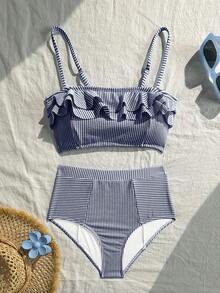 Swim Mod 女款夏季海灘格紋荷葉邊性感時尚比基尼兩件式泳衣套裝 - 寶藍色 - 查看 2