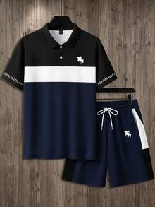 NEOREFINED 男士拼色拼接 Polo 衫與短褲 2 件套，極簡高級休閒套裝，適合日常穿著 - 彩色 - 查看 2