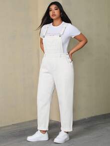 SHEIN ICON 大尺碼女款純色口袋鈕扣設計休閒牛仔連身褲 - 白色 - 查看 4