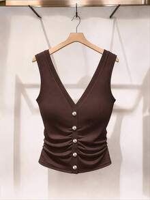 GlowEve Slimming Waist Exquisite Elegant Versatile Commute Vintage Knit Fashion Women's Vest - Brown - View 6