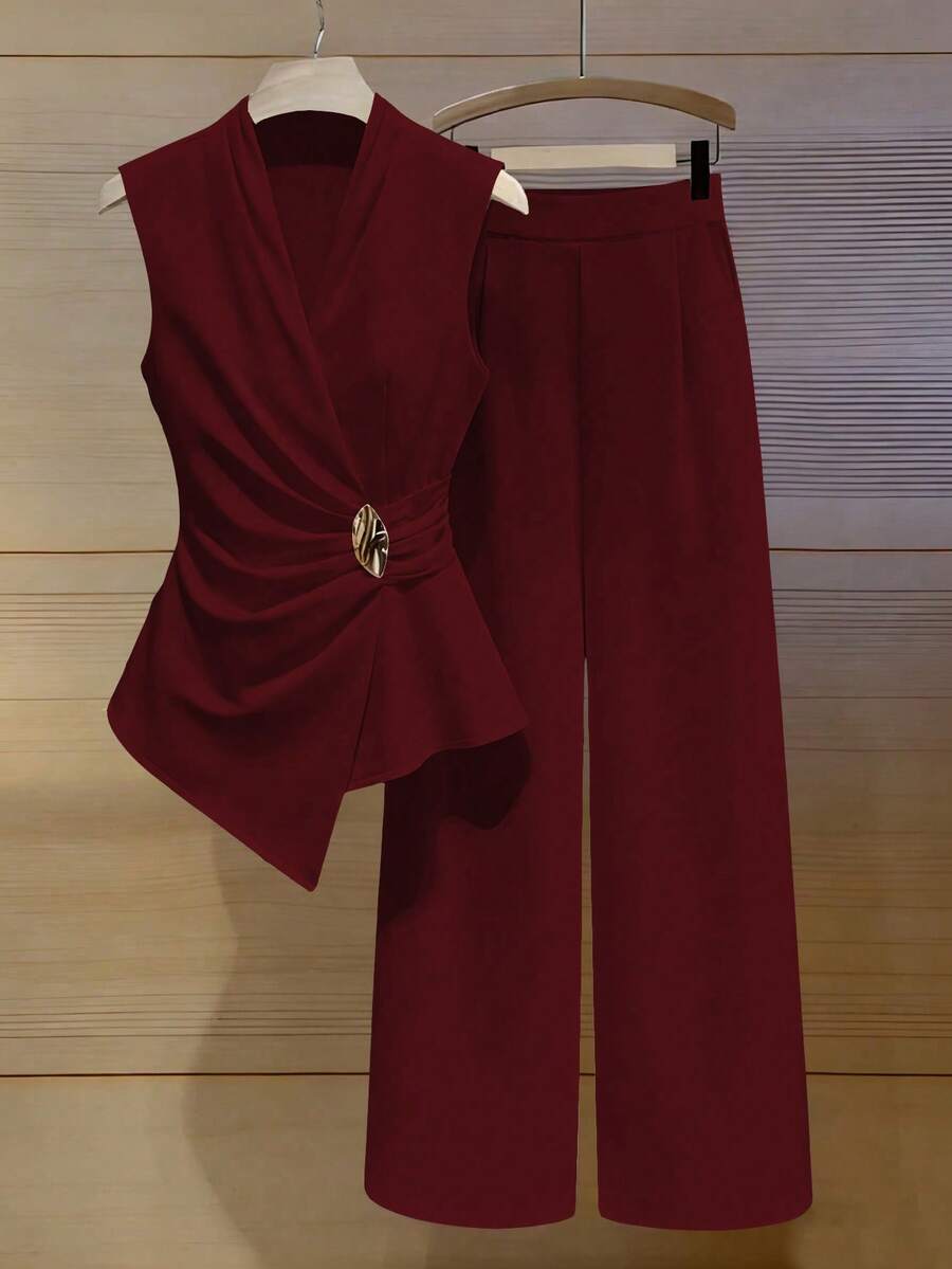 Franclia Women's Elegant 2026 Spring/Summer Asymmetric Sleeveless Ruched Metal Button Long Pants 2 Pieces Set - Burgundy - View 1