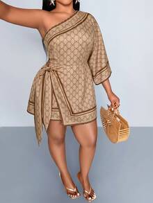 SOLERSUN "Ladies' Plus Size Casual Elegant Asymmetrical Neckline Half Sleeve Bowknot Printed Bat Sleeve Mini Dress, With A Light Luxury Retro Style, Suitable For Daily Commuting, Outings, Quiet Luxury Vacations, Holiday Costumes, Dates And Other Scenes " - Khaki - View 7