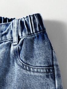 SHEIN Elladie kids 女童牛仔長褲，四季新款，時尚休閒，復古中藍色牛仔，彈性腰帶不對稱設計，後口袋蝴蝶結刺繡圖案，時尚直筒版型，柔軟舒適面料，日常百搭時尚風格，春/秋新款女童牛仔長褲 - 中等水洗藍 - 查看 6