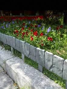 Set Of 20, Easy-To-Install Gray Stone-Patterned Plastic Garden Edging - Decorative Edging For Patios, Lawns, And Balconies, Perfect For Flower Beds And Landscape Borders - A - View 3