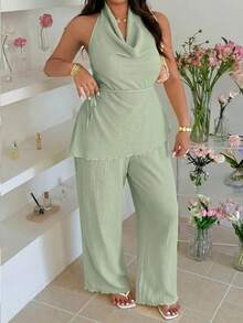 GalTyme Conjunto sexy de 2 piezas talla grande con top de cuello drapeado, escote drapeado, espalda descubierta, unicolor y cordón, y pantalones largos - verde menta - Ver 9