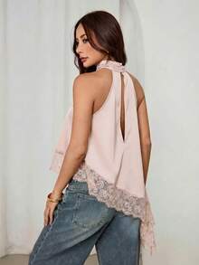 SHEIN PETITE 不對稱高領掛脖上衣 蕾絲飾邊 晚宴派對款 - 淺粉色 - 查看 2