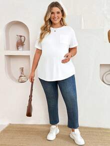 Plussiva Plus Size Maternity Basic White Loose-Fit Short-Sleeve T-Shirt For Everyday Wear Solid Color Casual Versatile Top Summer Gender Reveal Mom To Be - White - View 5