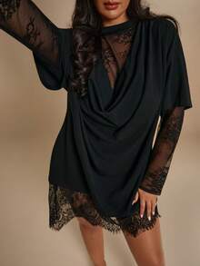 SHEIN BAE CURVE (NO Dress)Plus Size Women's Black Lace Patchwork Top,Everyday Casual T-Shirt,Autumn Solid Color Asymmetrical Hem T-Shirt,Spring & Summer ,Black Top - Black - View 6