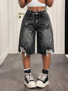 Slaydiva Women's Fashion Hiphop Distressed Pocket Denim Bermuda Shorts Outfits Shiny Pants Summer Festival For Women Beach Black Jeans Y2k - Black - View 5