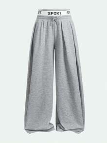 SHEIN Teen Girls Light Gray Patchwork Elastic Waist Casual Loose Sweatpants Banana Pants - Light Grey - View 7