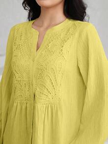 Graceveil Solid Color Lace Patchwork Textured Blouse - Yellow - View 2