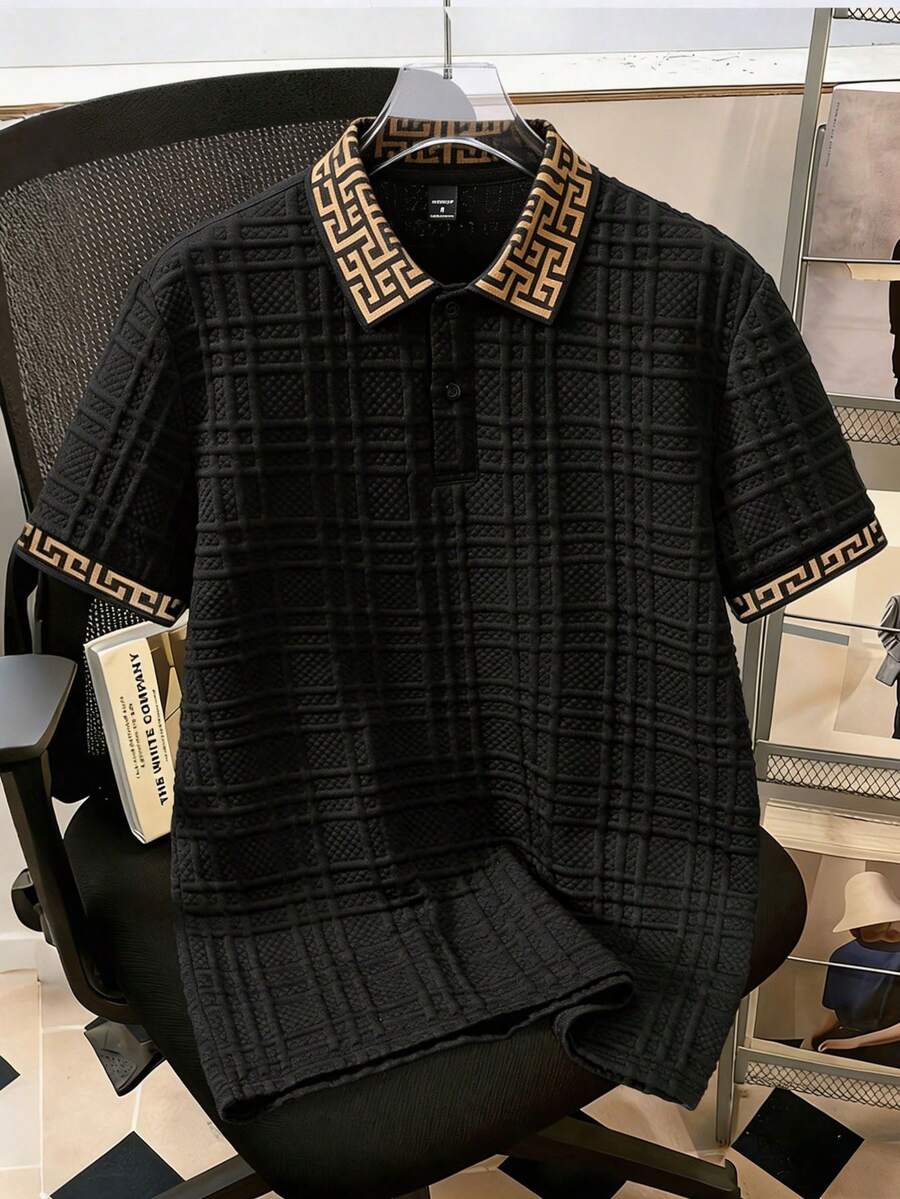 Manfinity Homme Men's Knitted Jacquard Solid Color Textured Collar & Cuff Black Ribbed Polo Shirt With 2 Black Buttons - Black - View 1