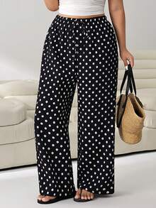 Solflare Plus Size Women's Polka Dot Drawstring Waist Casual Boho Versatile Daily Outing Vacation Long Pants Summer - Multicolor - View 3