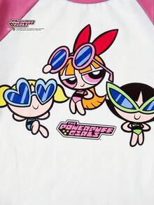 Maija Kids THE POWERPUFF GIRLS X SHEIN Maija Kids 兒童 1 件大童女孩休閒 Y2K 卡通圖案極簡短袖高腰 T-shirt，適合夏季返校校園穿搭，白色 - 彩色 - 查看 4