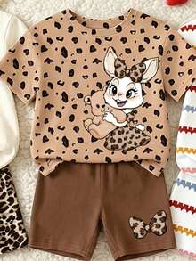 (Random 3 Sets, Send 1 Set) Girl's Creative Leopard Rabbit And Bear Pattern Leopard Bow Printed Basic Short T Plus Cycling Pants Set - Multicolor - View 6