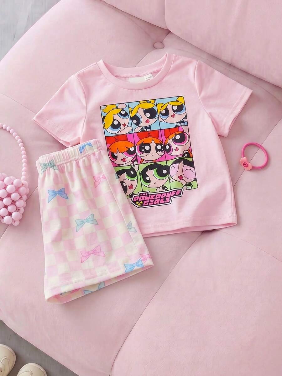 THE POWERPUFF GIRLS X SHEIN 2件組可愛休閒風女嬰舒適圓領短袖T恤與短褲套裝 - 粉色 - 查看 1