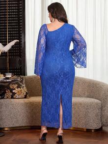 Modelyn Elegante abito a tinta unita in pizzo con collo asimmetrico, maniche lunghe, arricciato, aderente, taglia regolare, primavera/estate, taglie forti - Blu - Visualizzare 2