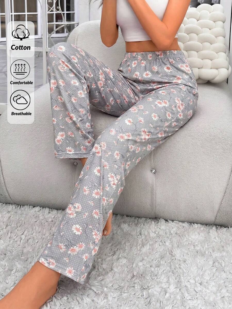 SHEIN بنطلون نوم نسائي من القطن بخطوط وطباعة زهرية بخصر عالي – متعدد الألوان، - متعدد الألوان - مشاهدة 1