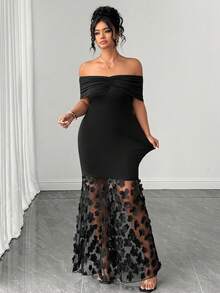 Elenzga Elegantes und raffiniertes Partykleid Große Größen für Damen, Off-Shoulder, mit geraffter Taille, strukturiertem Stoff und Patchwork-Design - Schwarz - Übersicht 4
