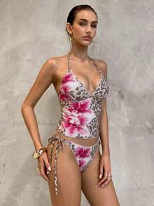 Swim Glamine 夏季甜美花卉奶油黃格紋比基尼背心套裝，休閒春夏度假海灘派對，2件組 - 中紫紅色 - 查看 9
