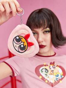 The Powerpuff Girls | ROMWE 粉色毛絨卡通圖案刺繡零錢包，便攜迷你收納袋，適用於各種包款作為掛飾包，PPG Joint 型號 - 粉色花花 - 查看 2