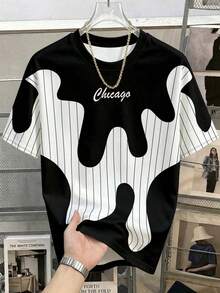 Manfinity Joysei Men's Simple Wavy Striped Print T-Shirt, Suitable For Summer Outings. - Black - View 1