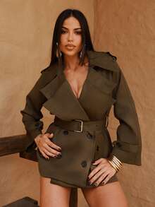Maju Mazalli Women's Fashionable & Elegant Double-Breasted Belted Trench Coat French Style Clothes Women Trench Coat Trench Coat Women In Fall/Winter,Fall,Fall Clothes For Women,Women's Winter Clothes - Army Green - View 6