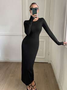 DAZY 女款純色圓領休閒極簡風派對與旅行洋裝 - 黑色 - 查看 1