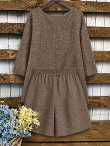 EMERY ROSE 2pcs Plus Size Women's Asymmetric Hem Round Neck 3/4 Sleeve Top And Loose Short Wide Leg Pants Set, Suitable For Casual Daily Wear - Coffee Brown - View 2