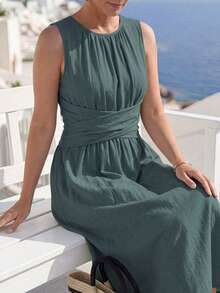 Linhara CURVE Vestido Casual Sem Mangas para Mulheres Plus Size, Uso Diário, Férias, Pastoral e Praia - Verde Oliva - Visão 6