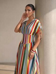 Structelle Red And White Stripe V-Neck Pleated Drawstring Shoulder Strap Flare Long Dress, Elegant Tropical Holiday Suitable For Spring And Summer Garden Party - Multicolor - View 3