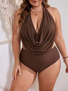 SHEIN CURVE+ Plus Size Women Solid Color 2pcs Bikini Set For Beach, Vacation, Pool, Swimming - Coffee Brown - View 1