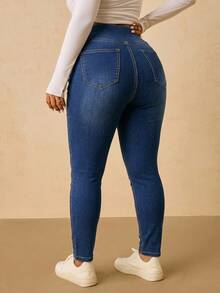 SHEIN Tall CURVE Tall CURVE 大码女士交叉腰高腰弹力紧身牛仔裤，休闲日常夏季女裤 - 藍色 - 查看 2