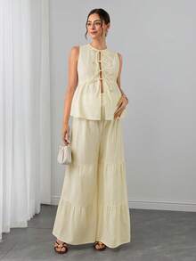 SHEIN Umstands-Set 2-teilig Einfarbig, ärmelloses Bindetop und Hose zum Stillen - Beige - Übersicht 4