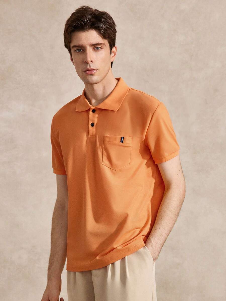 Courvante Golf Men's Casual Flap Pocket Button-Up Short Sleeve Polo Shirt, Summer Men Clothing, Orange Golf - Orange - View 1
