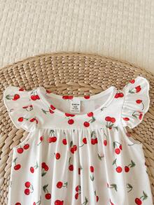 SHEIN LMoss Kids Baju Terusan Bayi Perempuan Baru Lahir Lucu Motif Buah Kasual Musim Panas dengan Lengan Bergelombang - Putih - View 5