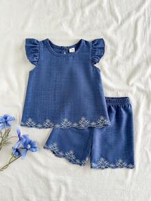 SHEIN 嬰兒男童女童中性 0-3 歲 2 件組休閒刺繡印花圖案，春夏季鄉村風女嬰上衣，女嬰度假套裝，女嬰鄉村風服飾 - 中等水洗藍 - 查看 4