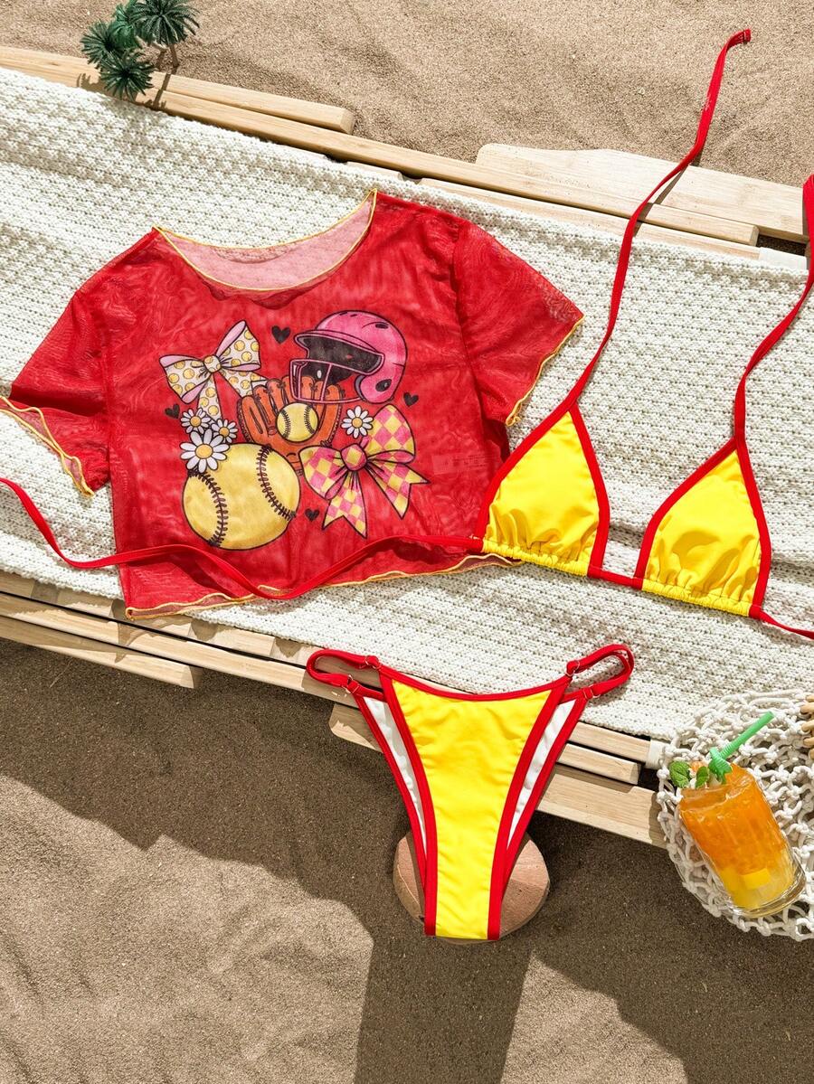 Swim Mod 2025 New Women's Triangle Bikini Set With Positioning Print, Mesh Tank Top, Sexy Casual Beach Vacation Bikini Set - Multicolor - View 1