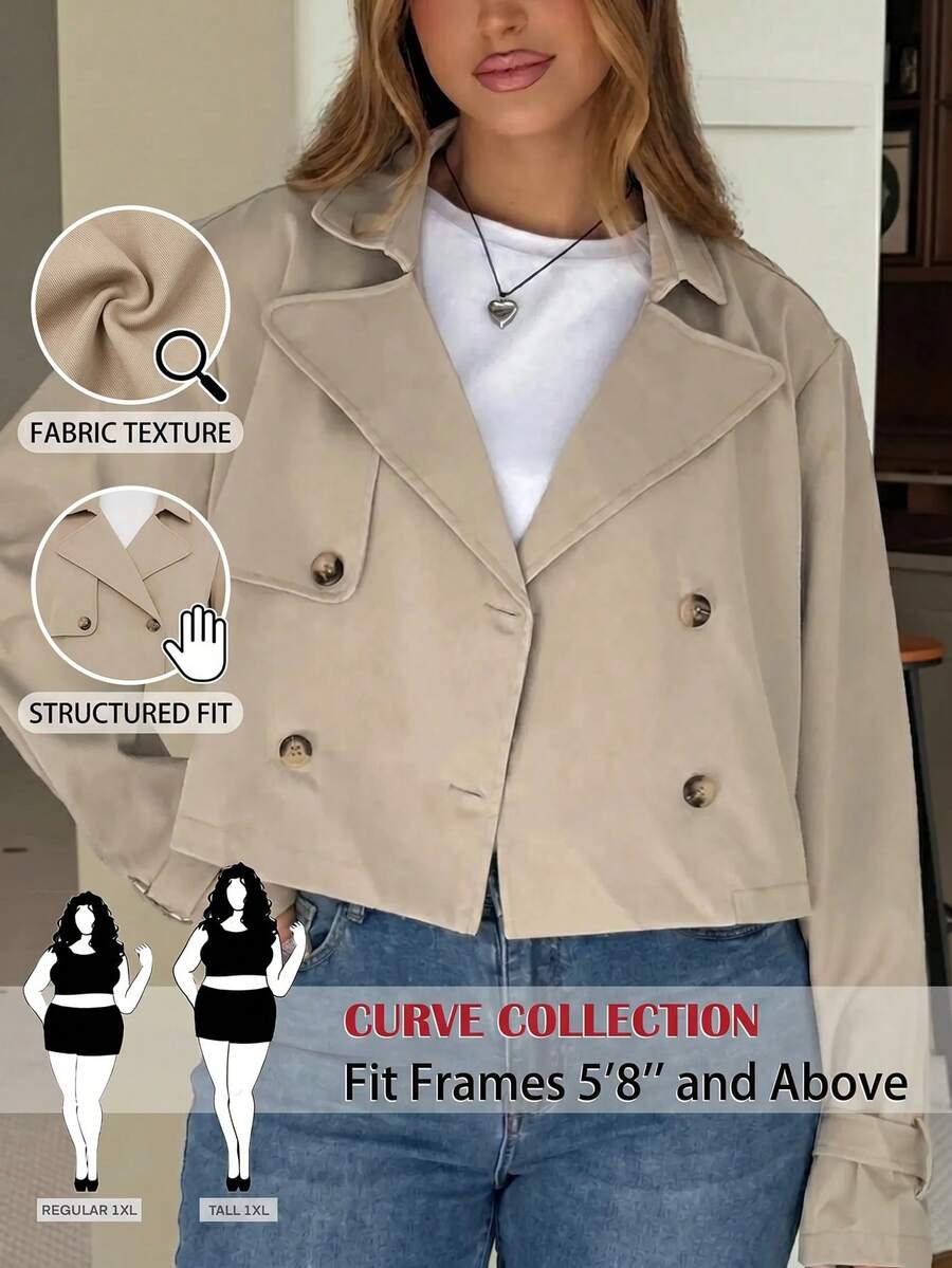 SHEIN Tall CURVE 大尺碼休閒素色雙排釦短版夾克,春季/秋季 - 淺灰色 - 查看 1