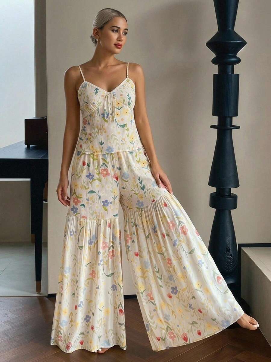 DAZY 2件組甜美碎花蕾絲拼接無袖背心與寬腿長褲女款睡衣套裝，夏季 - 米色 - 查看 1